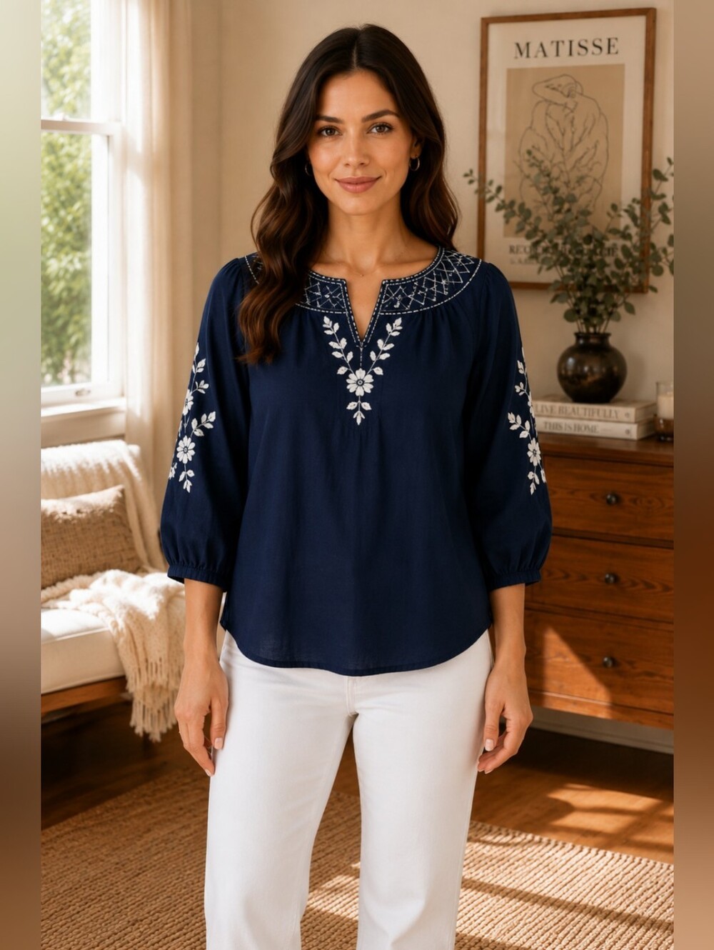 Talbots Navy Embroidered Boho Peasant Blouse 3/4 Sleeve Floral Top Size XS